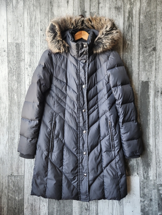 London Fog Jackets & Blazers - London Fog Chevron Goose Down Feather Puffer Wnter Coat Grey Faux Fur Small